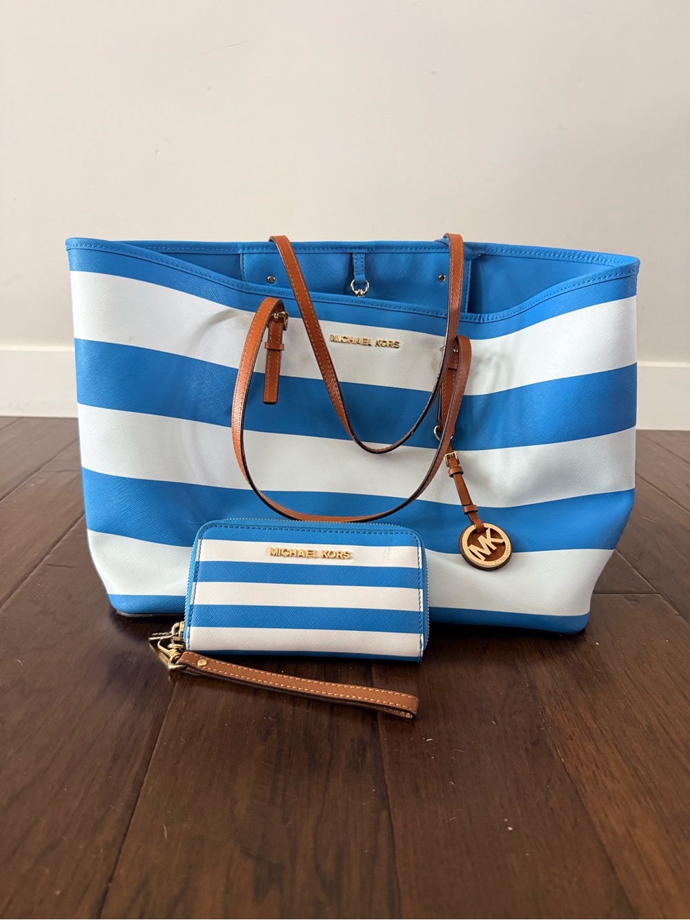 Michael Kors Blue and White Striped Tote with Matching Wristlet